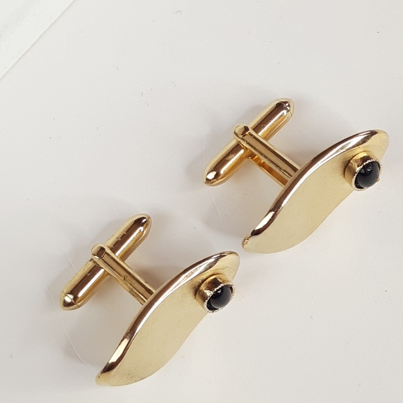 Vintage SWANK Cuff Links Onyx Curved - Picture 2 of 7